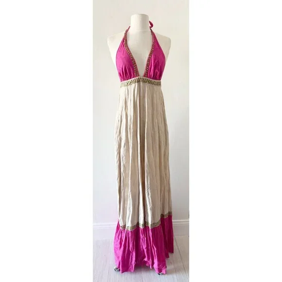 NEW ViX by Paula Hermanny Beige & Pink Halter Long Maxi Dress Size Small (S) - Picture 3 of 10